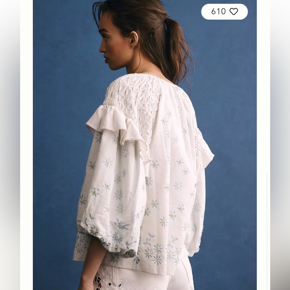 NWT Anthropologie Embroidered Floral Puff Sleeve Top Boho - Picture 10 of 10